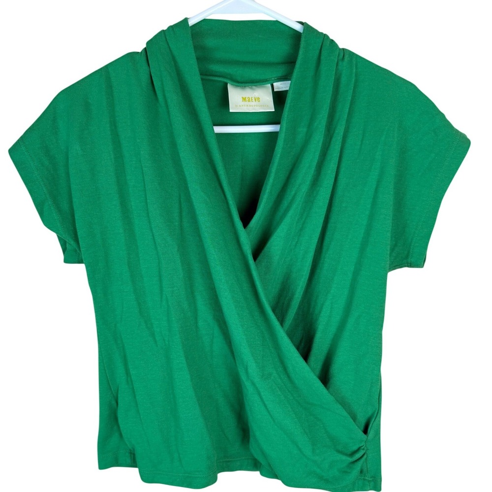 Maeve by Anthropologie Green Surplice Wrap Top Short Sleeve Cotton Blend Small